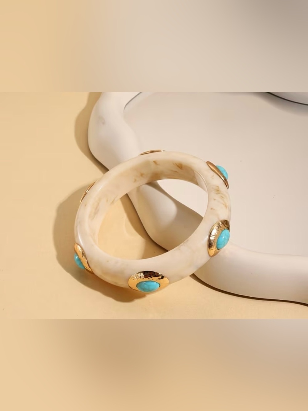 Gold-Tone Turquoise Accent Cream Resin Bangle Bracelet